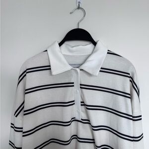 SHEIN White Polo Button-Up Top with Black Stripes